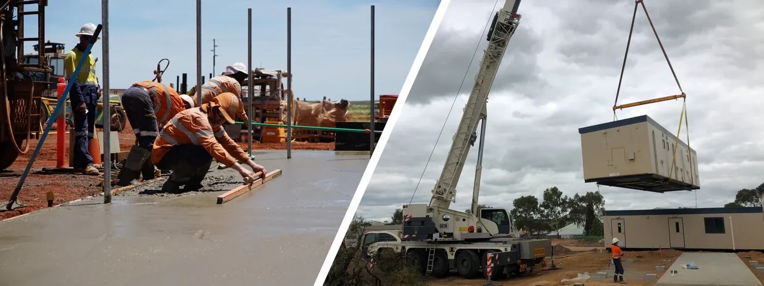 Modular accommodation buildings under construction at a remote camp